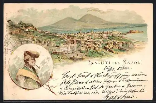 Lithographie Napoli, Stadt gegen den Vesuv, Alter Neapolitaner mit Pfeife