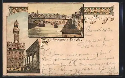 Lithographie Firenze, Palazzo Vecchio, Ponte Vecchio