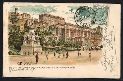 Lithographie Genova, Piazza dell`Acqua verde col Monumento a Cristoforo Colombo