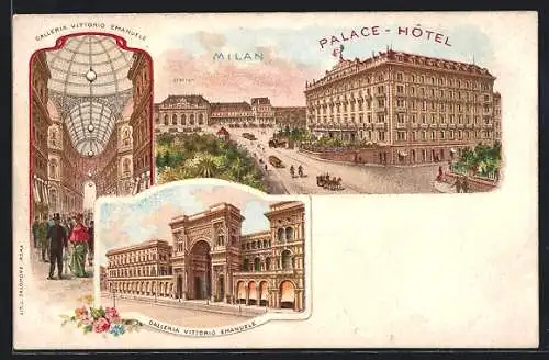 Lithographie Milan, Galleria Vittorio Emanuele, Palace-Hotel
