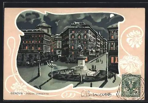 Lithographie Genova, Piazza Corvetto, notturno