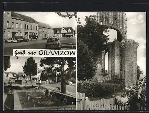 AK Gramzow, Strassenpartie am Markt, Springbrunnen, Klosterruine