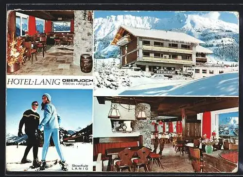 AK Oberjoch /Allgäu, Hotel Lanig mit Innenansichten, Skifahrer der Skischuhle Lanig