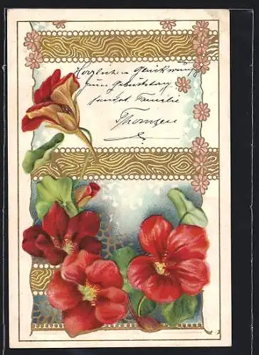 Präge-AK Rote Blumen mit Ornament