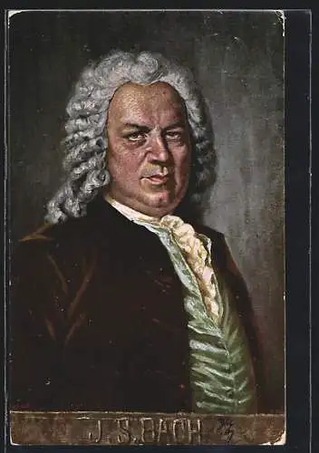 AK Komponist Johann Sebastian Bach mit Rüschenkragen und einer weissen gelockten Perücke