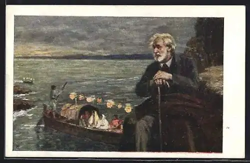 AK Komponist Guiseppe Verdi mit einem Gehstock an der Küste, eine Gondel beobachtend