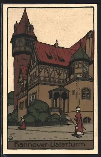 Steindruck-AK Hannover, Flanierende Damen vor dem Listerturm