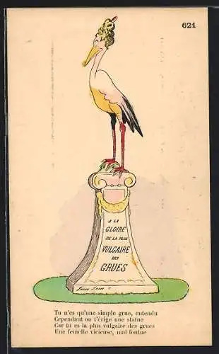 Künstler-AK Xavier Sager: A la Gloire de la plus Vulgaire des Grues, Storch auf einer Stele