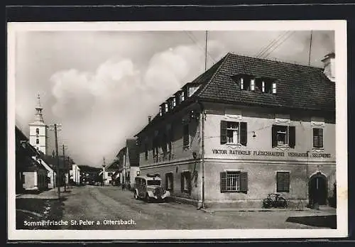 AK St. Peter a. Ottersbach, Fleischhauerei Viktor Rathkolb, Kirche