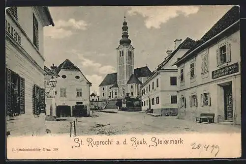 AK St. Ruprecht a. d. Raab, Strassenpartie mit Ledergerberei Baumgartner und Kirche