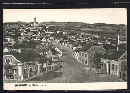 AK Burgau, Ortsansicht mit Hauptstrasse aus der Vogelschau