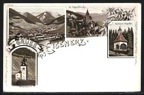 Lithographie Eisenerz, Schichthurm, Barbara-Kapelle, Gesamtansicht mit Bergpanorama