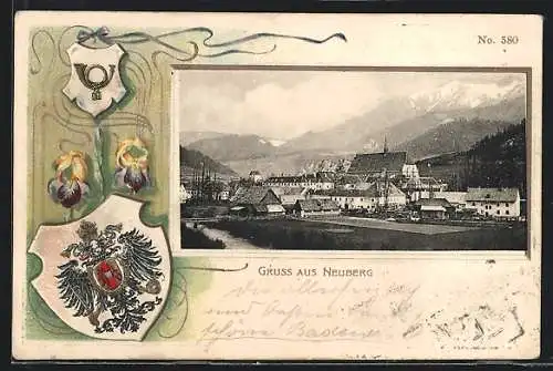 Lithographie Neuberg an der Mürz, Ortspartie mit Wappen im Passepartoutrahmen