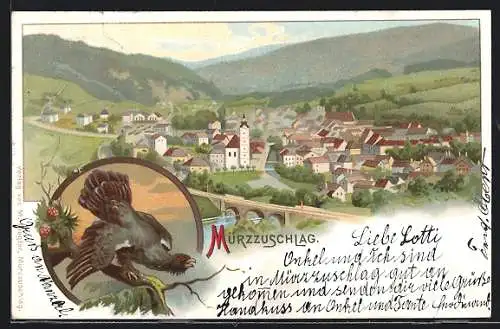 Lithographie Mürzzuschlag, Teilansicht, Vogel auf einem Ast