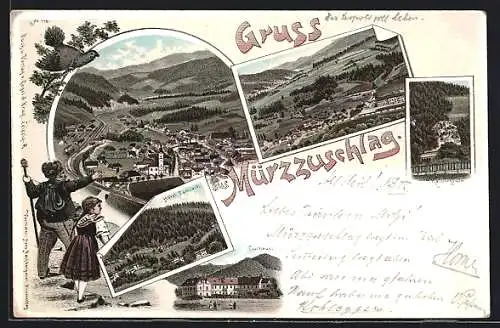 Lithographie Mürzzuschlag, Blick über den Ort mit Hotel Lambach, Kaiserstein und Curhaus