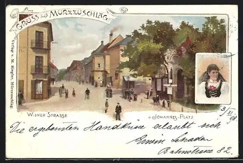 Künstler-AK Mürzzuschlag, Wiener Strasse und Johannes-Platz