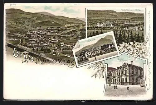 Lithographie Mürzzuschlag, Hotel Lambach u. Villen, Gasthof zum Sandwirth, Curhaus, Gesamtansicht