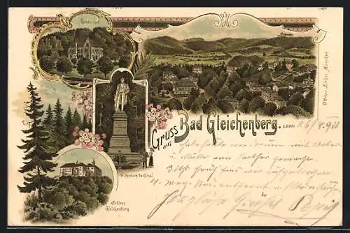 Lithographie Bad Gleichenberg, Gundenhof, Wickenburg Denkmal, Schloss Gleichenberg, Ortsansicht aus der Vogelschau