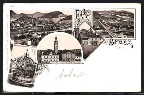 Lithographie Bruck an der Mur, Panorama, Ortsansicht mit Strassenpartie