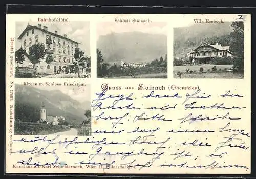 AK Stainach, Bahnhof-Hotel, Villa Esebeck, Kirchee mit Schloss Friedstein