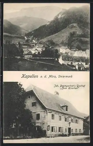 AK Kapellen a. d. Mürz, Gasthof zum Hirschen J. Baumgartner, Ortsansicht aus der Vogelschau