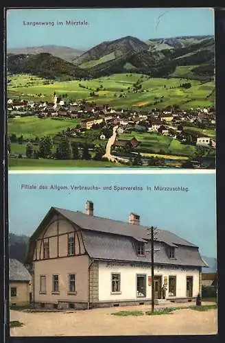 AK Langenwang, Panorama, Filiale des Allgem. Verbrauchs- und Sparvereins in Mürzzuschlag