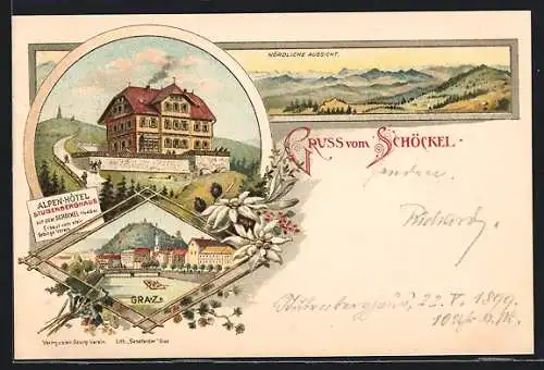 Lithographie Radegund am Schröckel, Stubenberghaus, Alpen-Hotel auf dem Schöckel, Ortspartie aus Graz