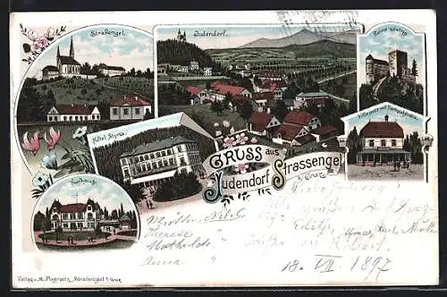 Lithographie Judendorf-Strassengel, Hotel Styria, Kurhaus, Villa petit mit Verkaufshalle
