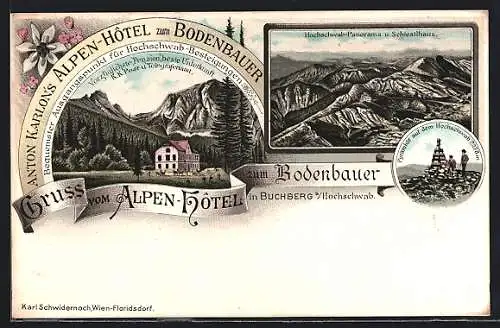 Lithographie Buchberg /Hochschwab, Hotel zum Bodenbauer A. Karlon, Pyramide auf dem Hochschwab, Bergpanorama