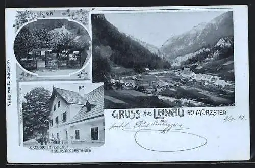 AK Lanau bei Mürzsteg, Gasthaus Gregor Huber mit Garten, Gesamtansicht