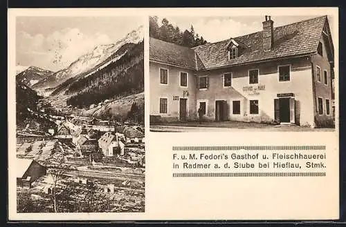 AK Radmer a. d. Stube, F. u. M. Fedoris Gasthof-Fleischhauerei zur Mühle, Ortsansicht mit Bergpanorama
