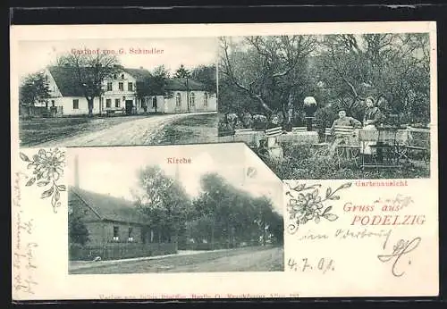 AK Podelzig, Gasthof von G. Schindler, Kirche