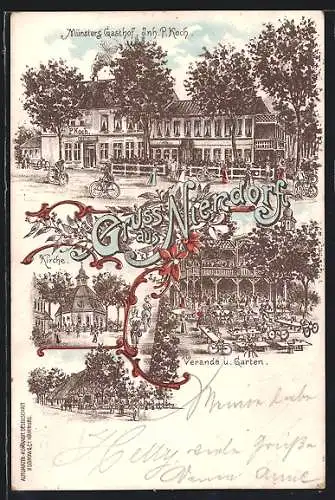 Lithographie Niendorf, Münsters Gasthof, Inh. P. Koch, Veranda u. Garten