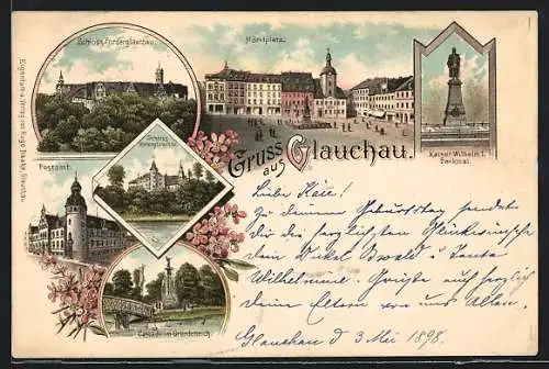 Lithographie Glauchau, Postamt, Cascade im Gründelteich, Marktplatz