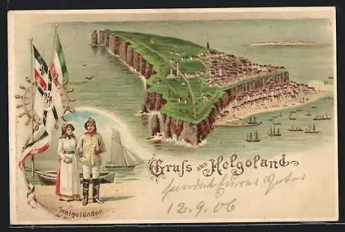 Lithographie Helgoland, Insel Helgoland mit Schiffen und Helgoländern