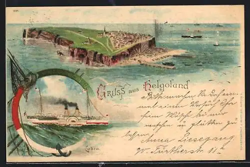 Lithographie Helgoland, Insel mit Dampfern