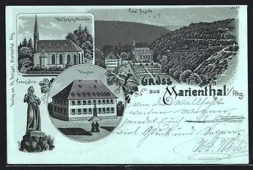 Lithographie Marienthal i. Rhg., Wallfahrtskirche, Kloster, Franziskus