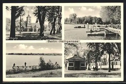 AK Berlin-Heiligensee, Endhaltestelle der Strassenbahn, Dorfkirche, Fähre