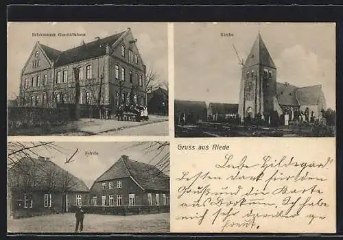 AK Riede / Verden, Geschäftshaus Brinkmann, Kirche, Schule