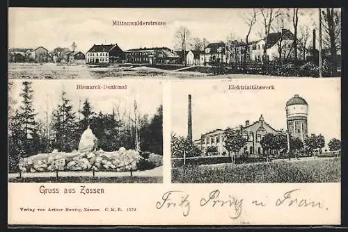 AK Zossen, Elektirzitätswerk, Bismarck-Denkmal, Mittenwalderstrasse