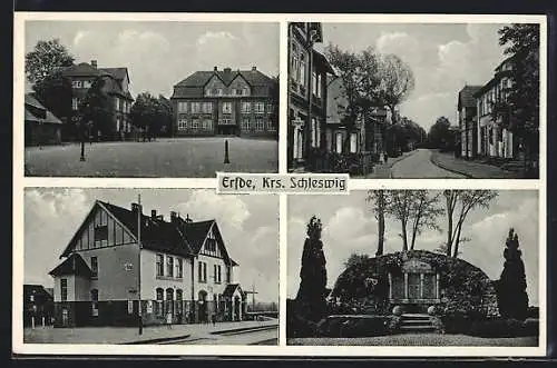 AK Erfde / Schleswig, Bahnhof von der Gleisseite, Kriegerdenkmal, Strassenpartie