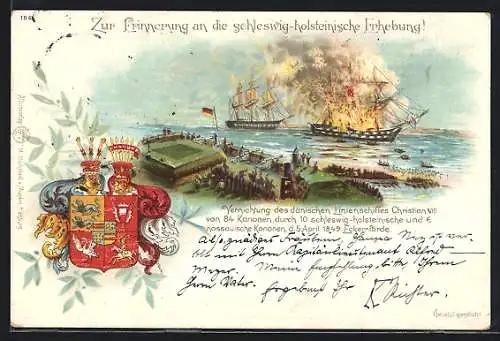 Künstler-AK Schleswig-holsteinische Erhebung, Vernichtung des dänischen Linienschiffes Christian VIII. Revolution 1848