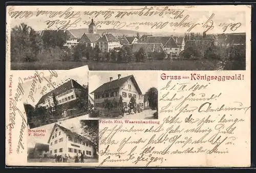 AK Königseggwald, Brauerei F. Härle, Warenhandlung Friedr. Etti, Schloss