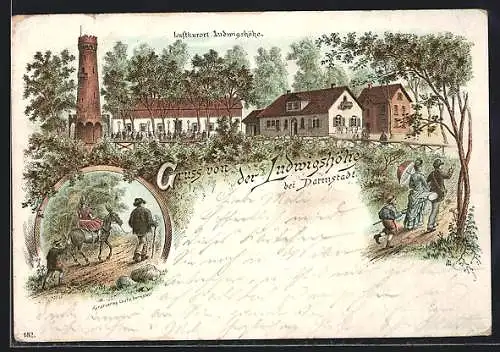 Vorläufer-Lithographie Darmstadt, 1895, Gasthaus Ludwigshöhe, Frau reitet auf Esel