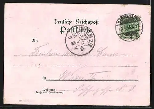 Vorläufer-Lithographie Darmstadt, 1895, Gasthaus Ludwigshöhe, Frau reitet auf Esel