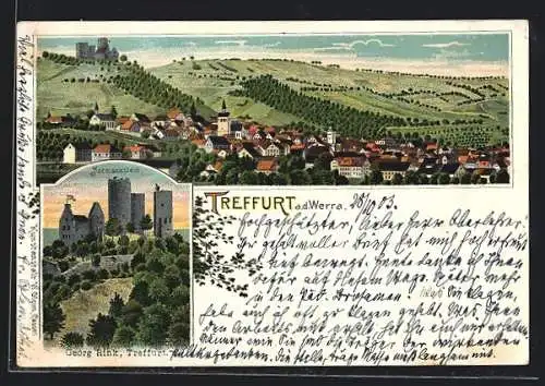 Lithographie Treffurt a. d. Werra, Teilansicht mit Normannstein