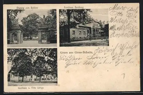AK Gross-Behnitz, Gasthaus v. Fritz Lüttge, Forsthaus Sandkrug, Eingang zum Schloss