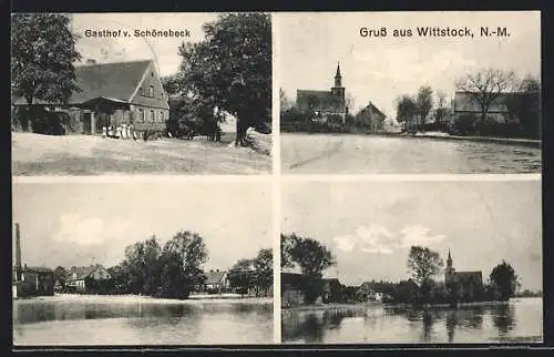 AK Wittstock /N.-M., Gasthof v. Schönebeck, Uferpartie mit Kirche