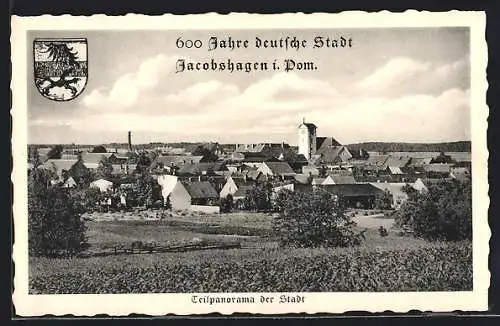 AK Jacobshagen i. Pom., Festpostkarte 600 Jahre deutsche Stadt, Teilpanorama mit Kirche, Wappen