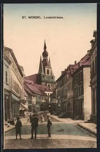 AK St. Wendel, Luisenstrasse mit Geschäften und Kirche